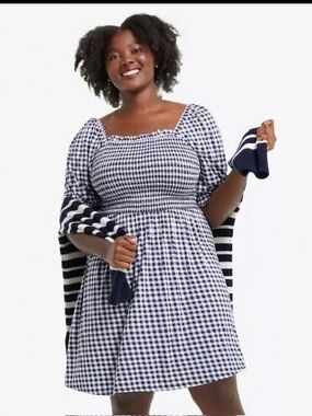 Draper James Gingham Square-Neck Mini Dress in Navy and White Sixe 2X